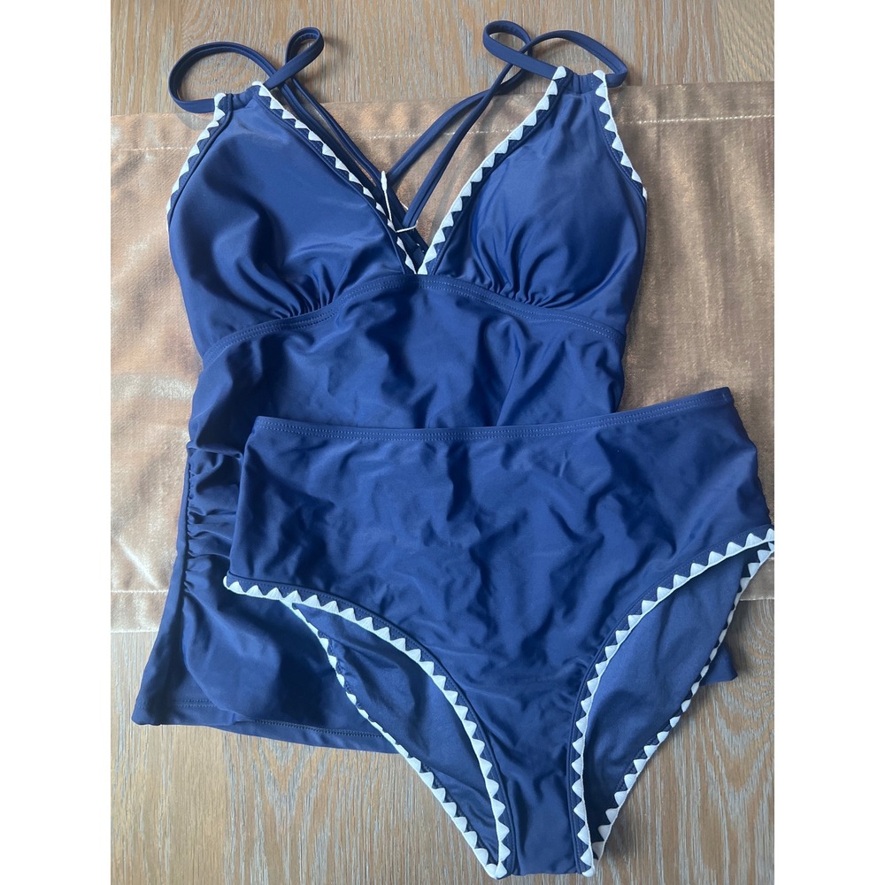 Anrabess Navy Blue Scalloped Trim Tankini Two Piece Swimsuit Set